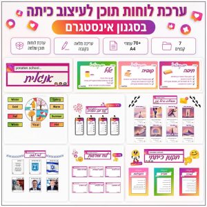 לוחות תוכן מעוצבים לכיתה בסגנון אינסטגרם - עיצוב צבעוני, צעיר ועדכני הכולל נושאים כמו עברית, אנגלית, מתמטיקה, לוח לאום, לוח ימי הולדת, תקנון כיתתי ועוד.